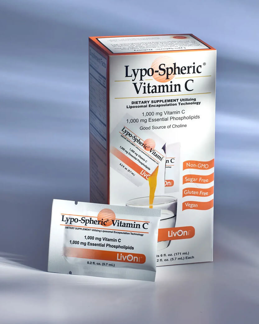Lypo-Spheric Vitamin C supplement packaging on a gradient background.