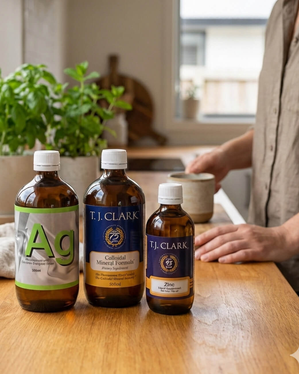 Three bottles of T.J. Clark products on a wooden table with a person in the background.