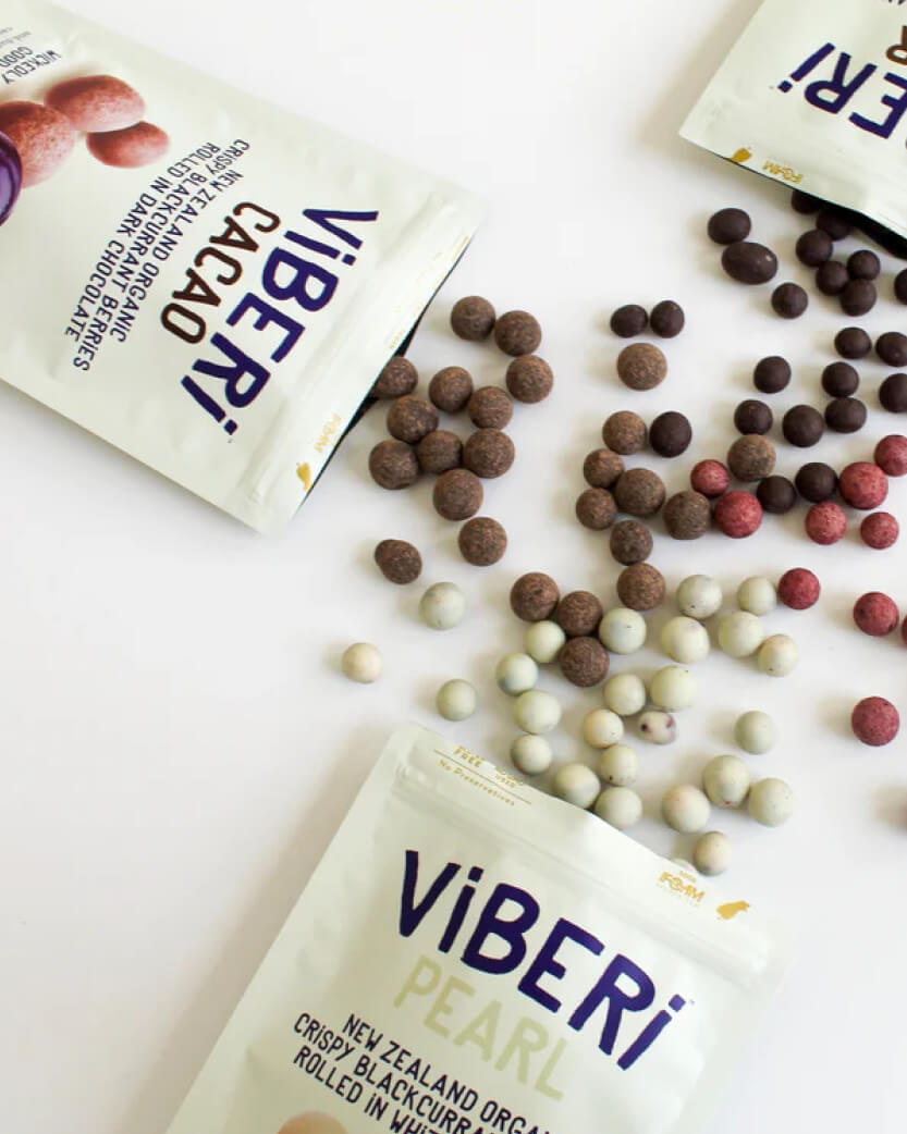 Viberi snack balls and packaging on a white background