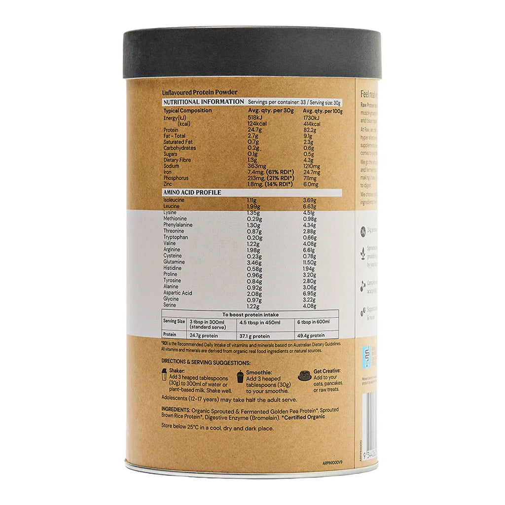 Protein powder container with nutritional information and usage instructions on a white background.