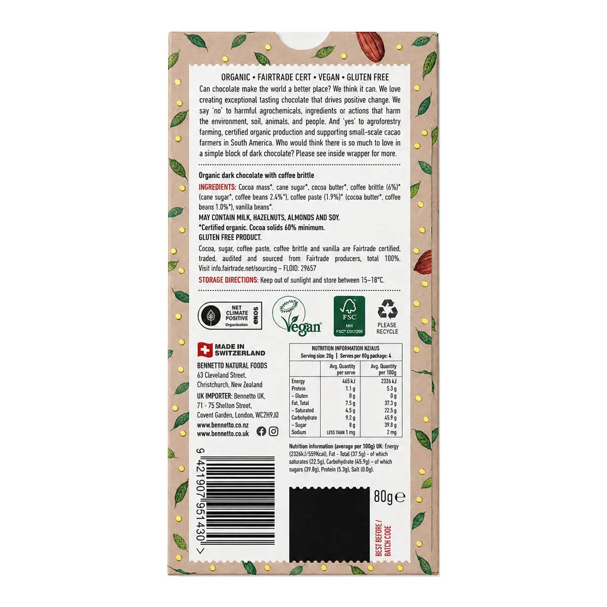 The back of a Bennetto Dark Coffee chocolate bar packaging, showing product details, ingredients, nutritional information, and certifications on a light beige background with botanical illustrations.