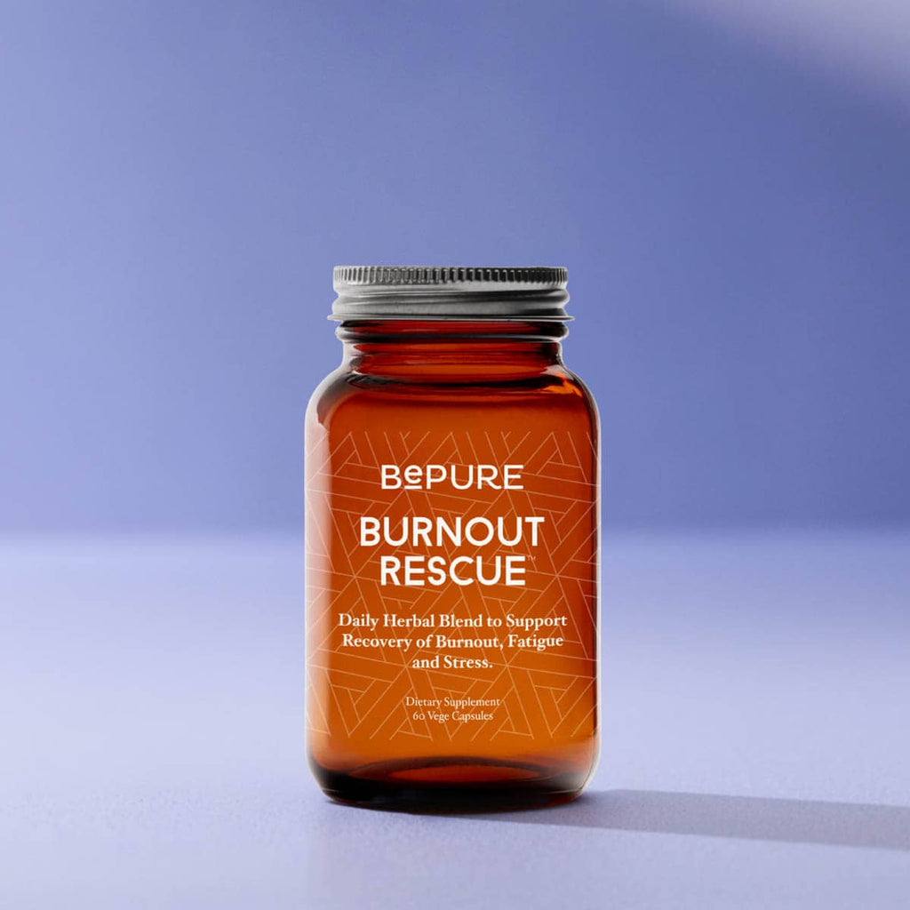 Bottle of BePure Burnout Rescue supplement on a gradient blue background