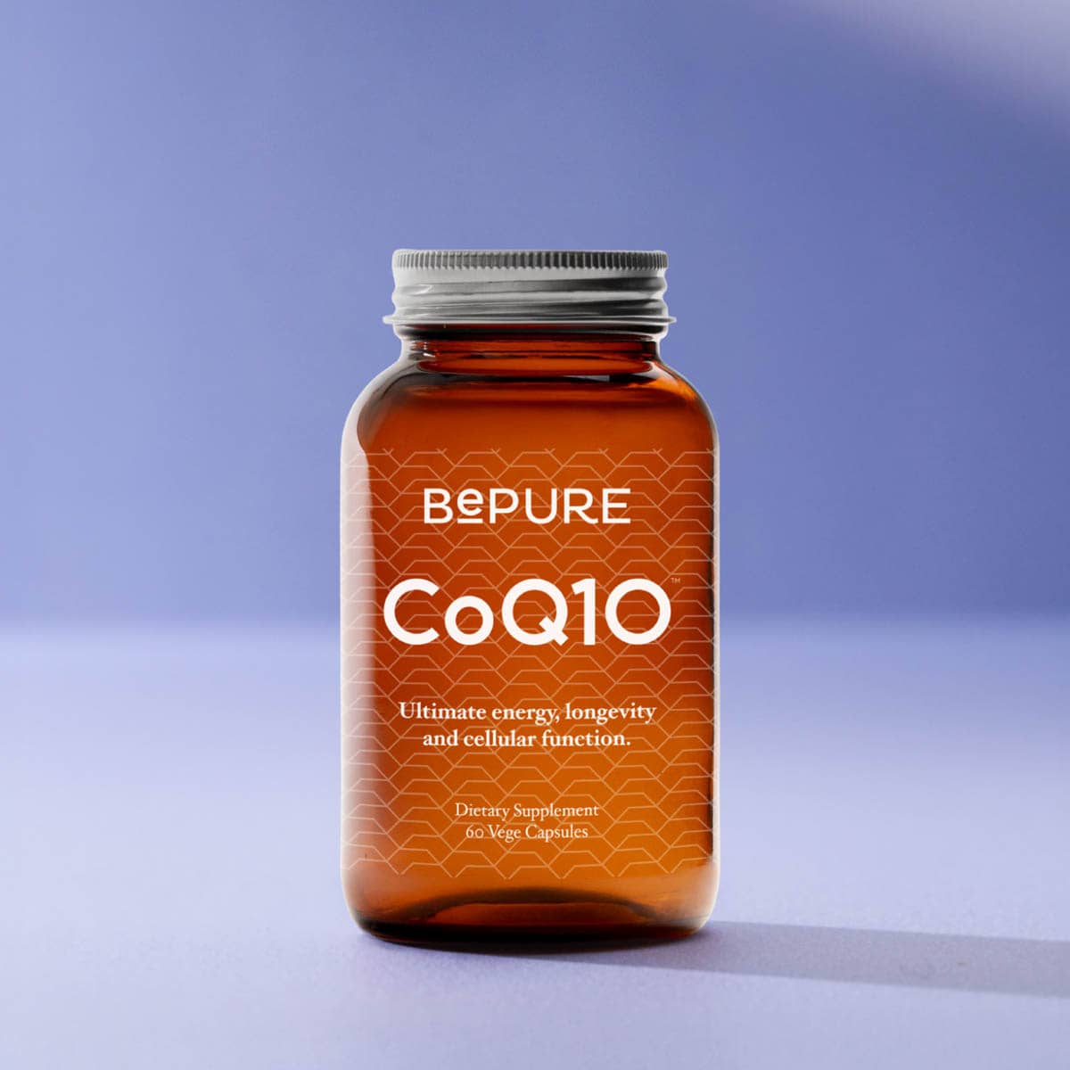 Bepure CoQ10 supplement bottle on a gradient blue background