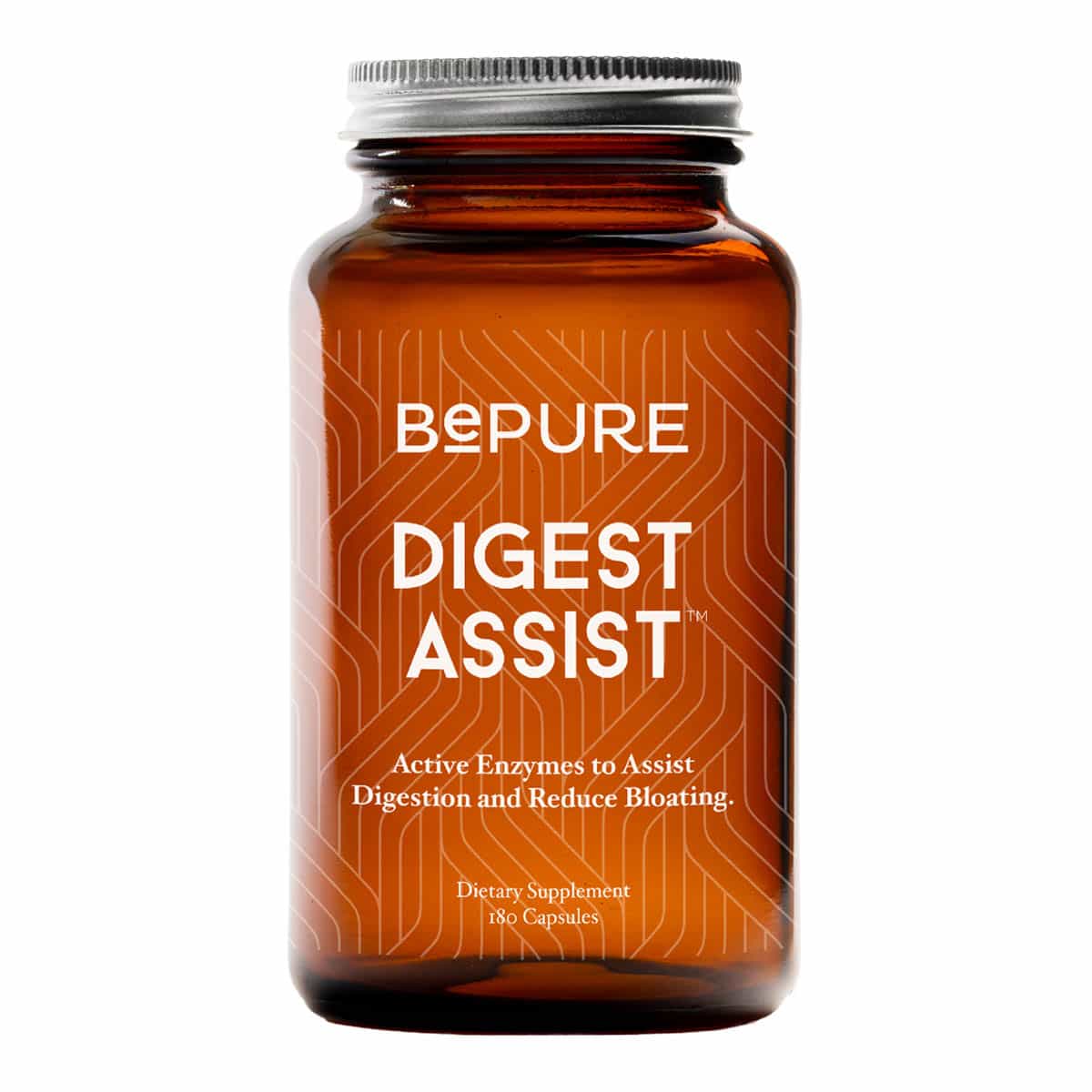 Brown supplement bottle labelled 'BePure Digest Assist' 180 capsules on a white background.