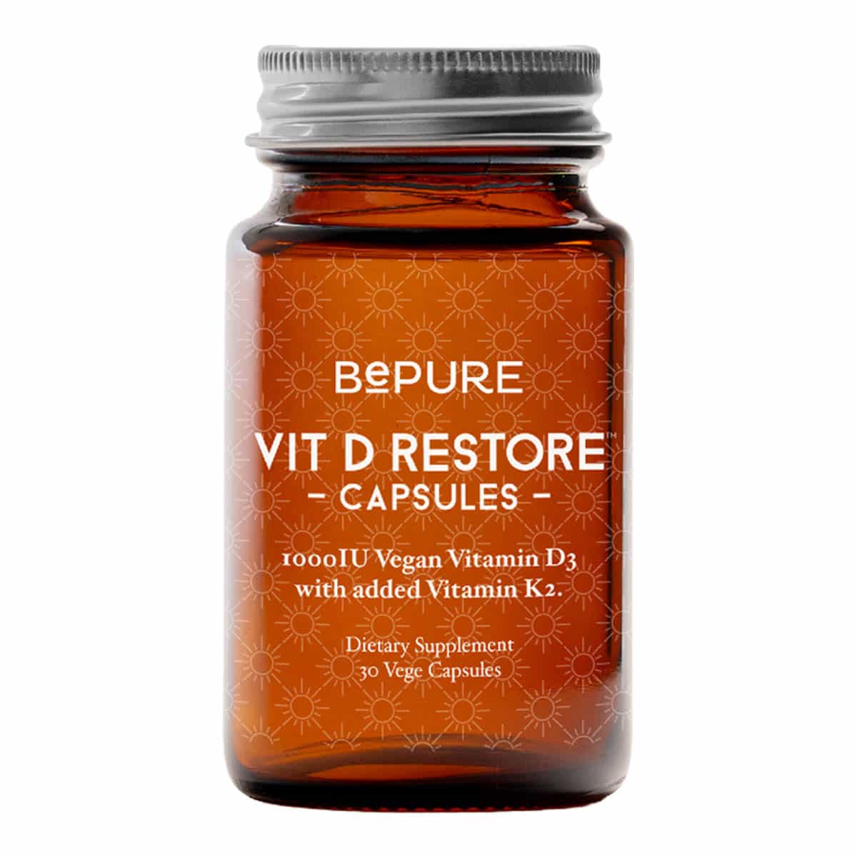 Bottle of Bepure Vit D Restore capsules on a white background