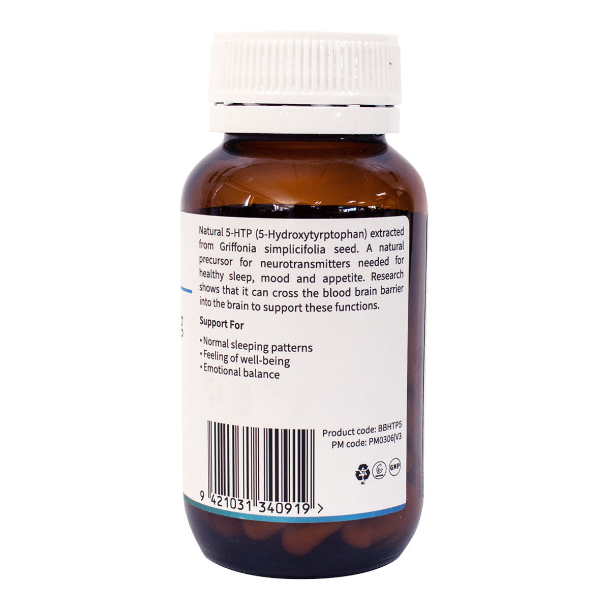 Brown supplement bottle with white label on a white background.