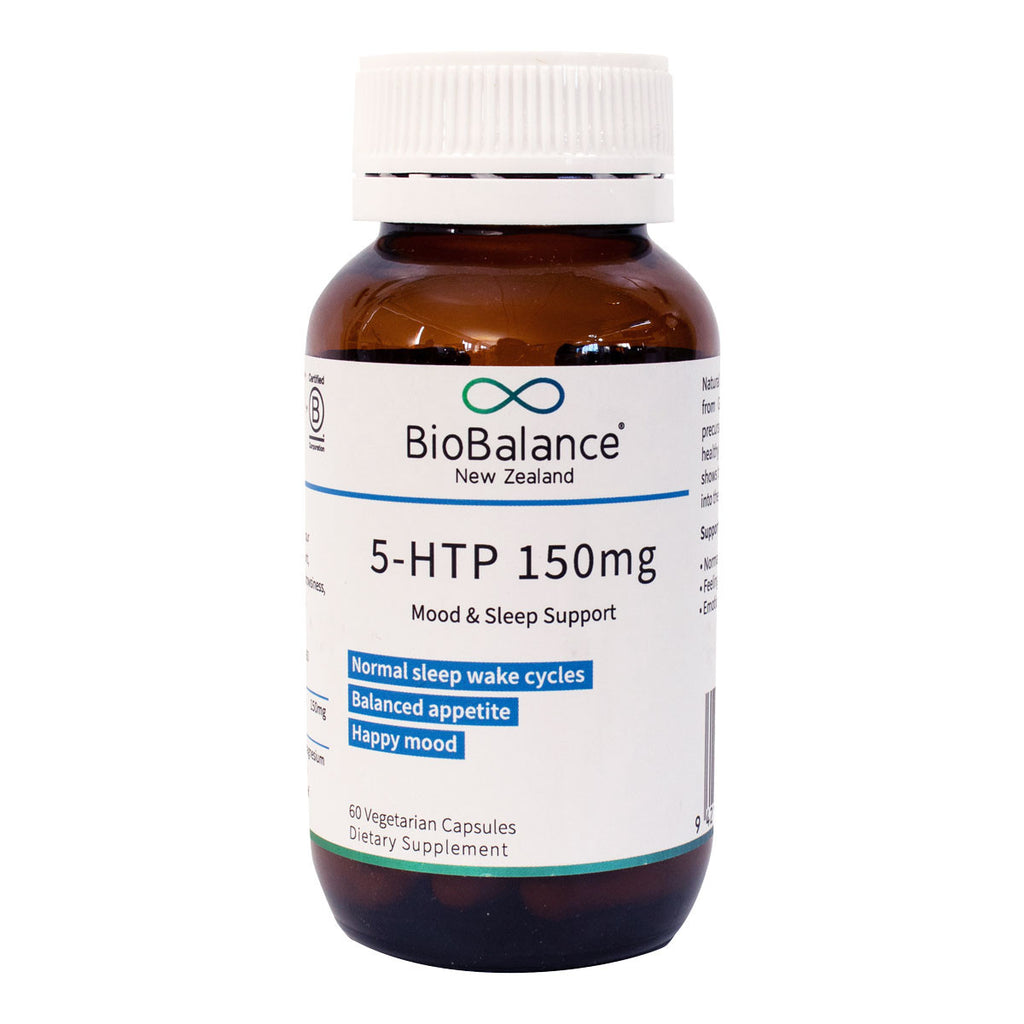 BioBalance 5-HTP 150mg supplement bottle on a white background.