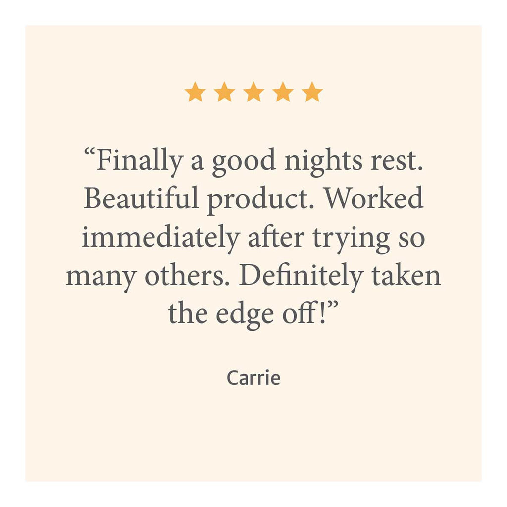 Product review with five stars on a beige background.