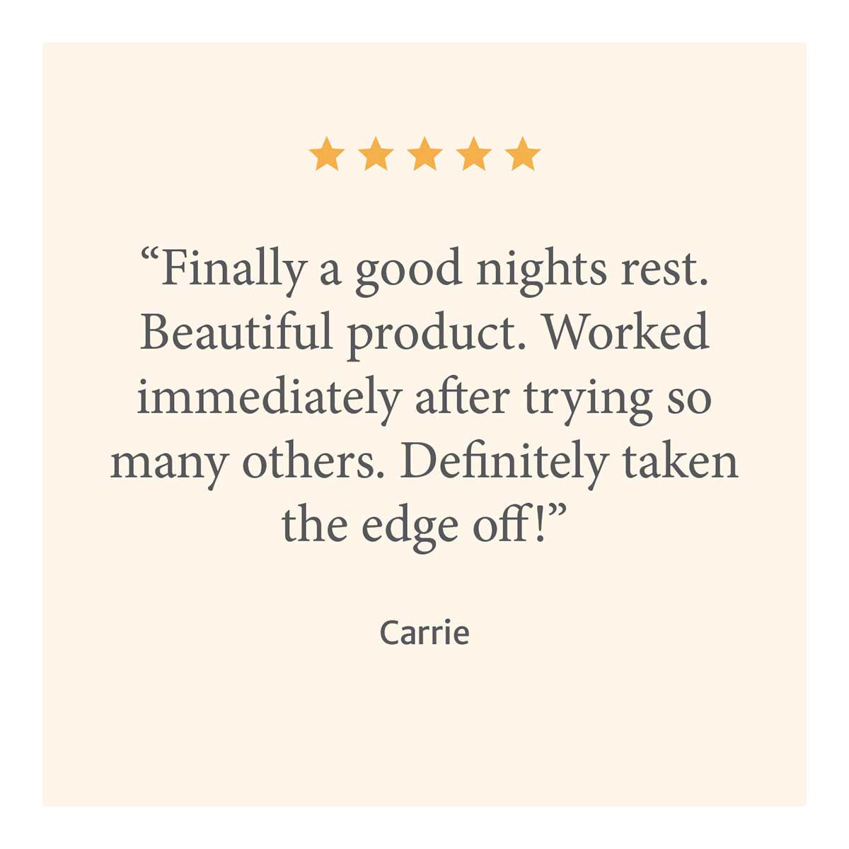 Product review with five stars on a beige background.