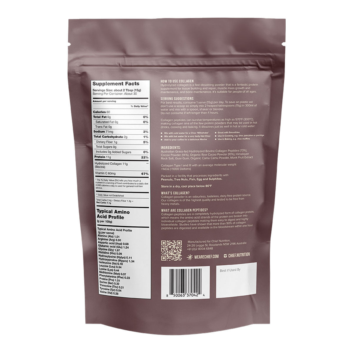 Back view of a supplement package with text and a QR code on a white background.