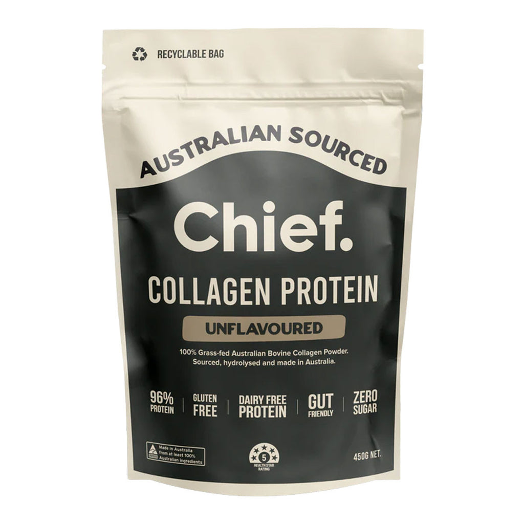 450g bag of unflavoured Chief Grass-Fed Collagen Powder, an odourless and tasteless protein source that’s gentle on the gut and a more environmentally friendly option compared to whey protein. Beneficial for supporting gut health, joints and tendons, recovery, and hair, skin, and nails. Packaged in a black and cream resealable plastic bag.
