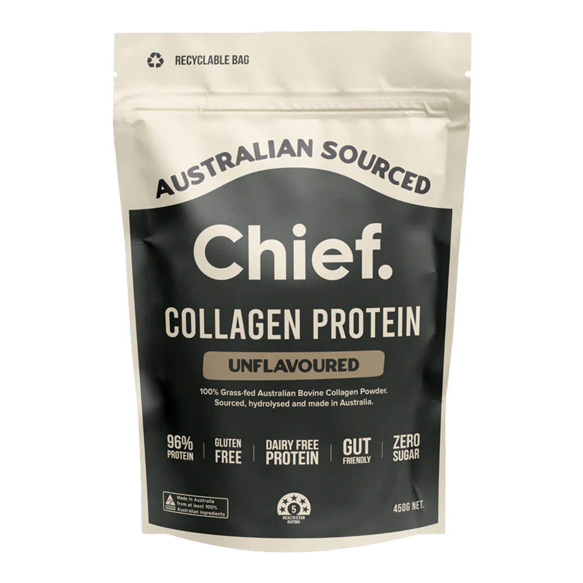 450g bag of unflavoured Chief Grass-Fed Collagen Powder, an odourless and tasteless protein source that’s gentle on the gut and a more environmentally friendly option compared to whey protein. Beneficial for supporting gut health, joints and tendons, recovery, and hair, skin, and nails. Packaged in a black and cream resealable plastic bag.