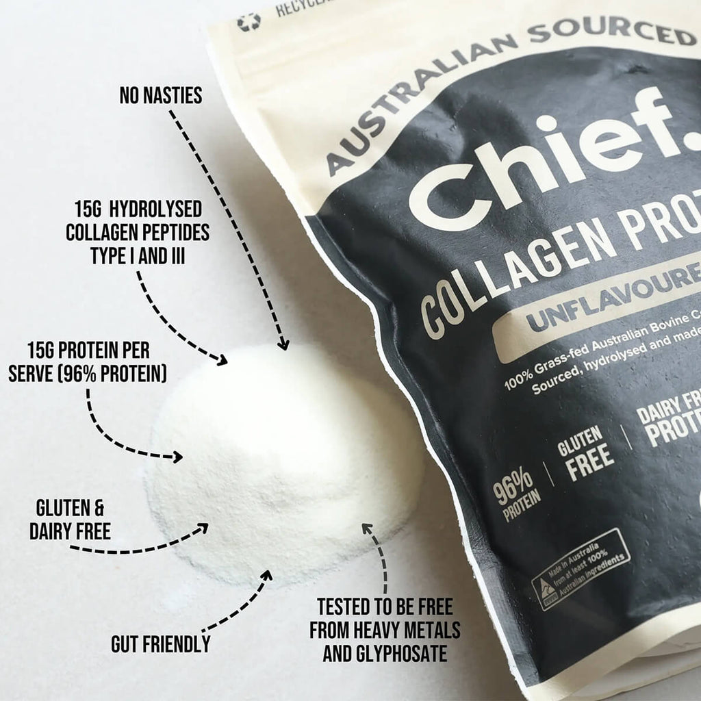 Chief Collagen Protein package with text highlighting features on a white background.