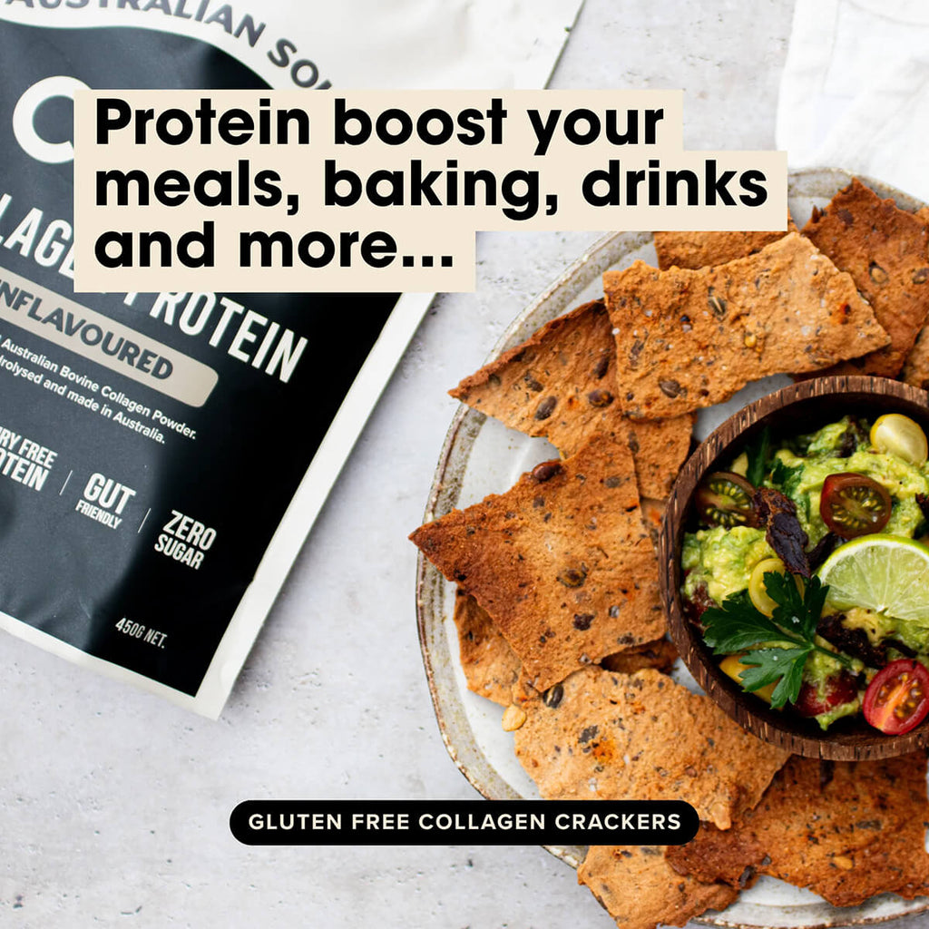 Gluten-free collagen crackers with a protein powder package on a light background.