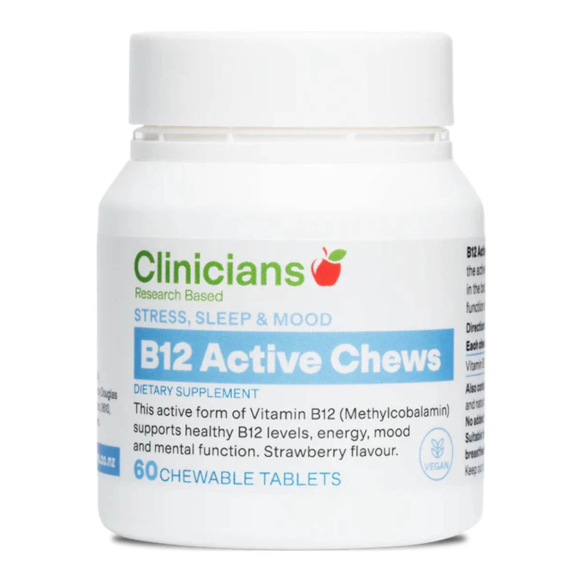 Jar of Clinicians B12 Active Chews dietary supplement on a white background.
