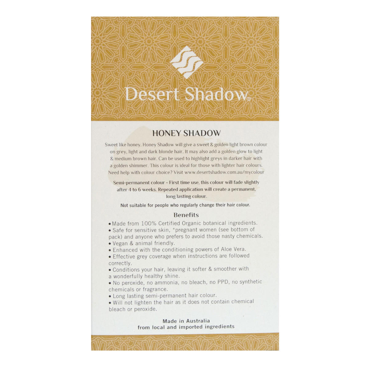 Desert Shadow hair color packaging with gold and white design.
