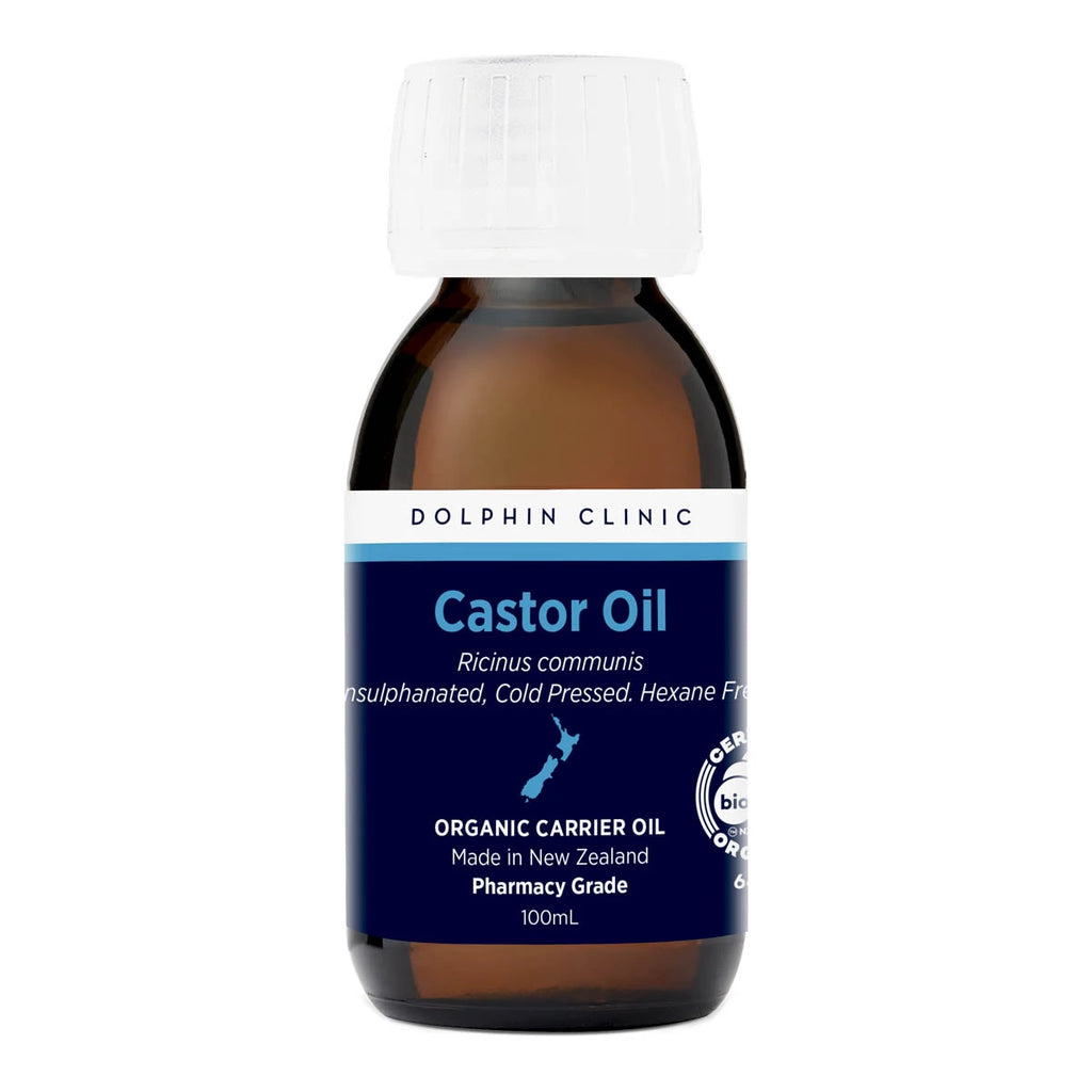 Bottle of castor oil with a blue label on a white background