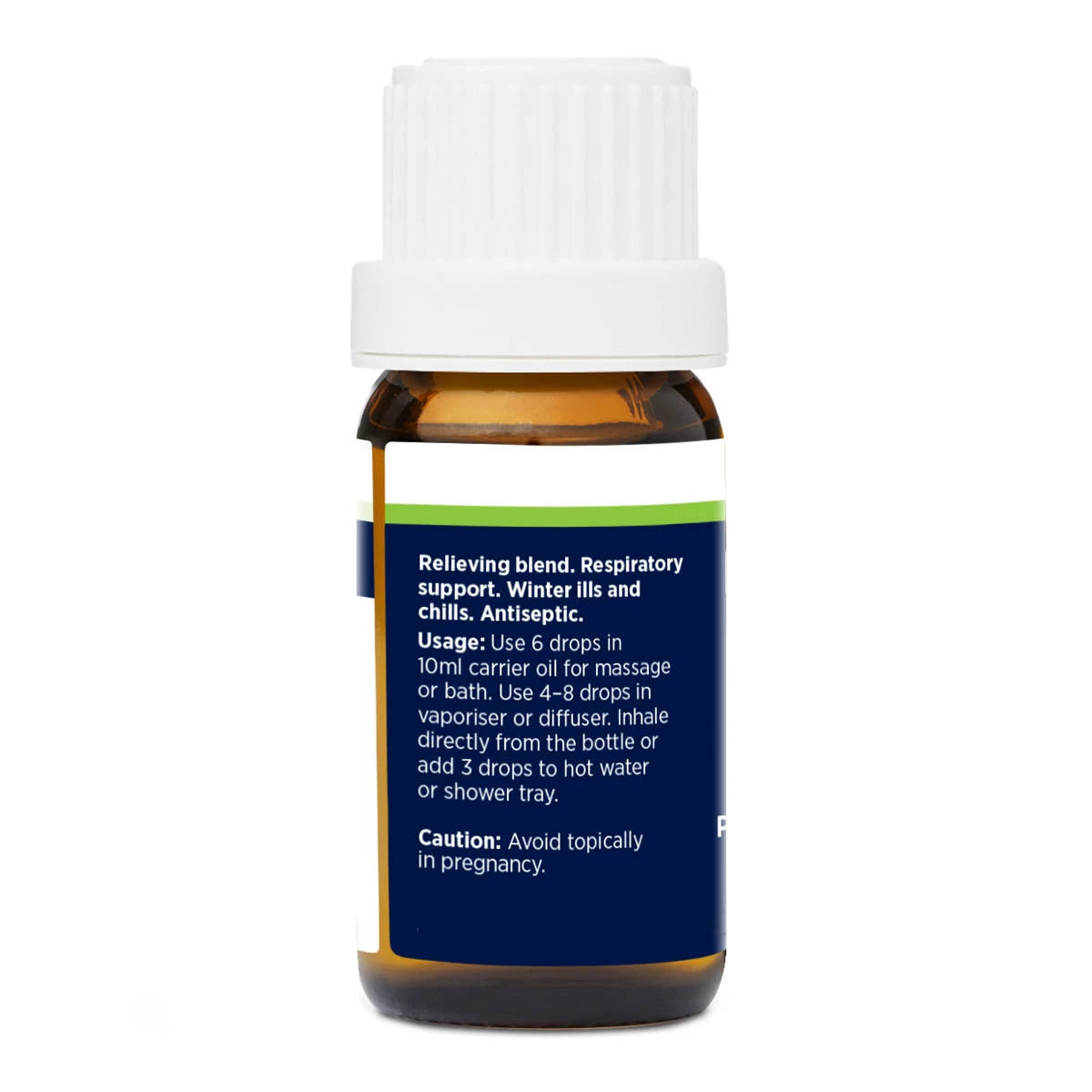 Back of decongestant essential oil 10ml bottle with usage instructions and cautions.
