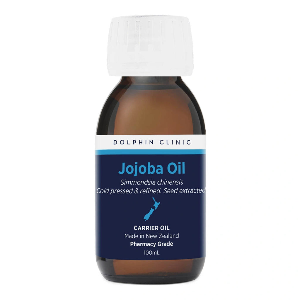 Bottle of Jojoba Oil with a blue label on a white background
