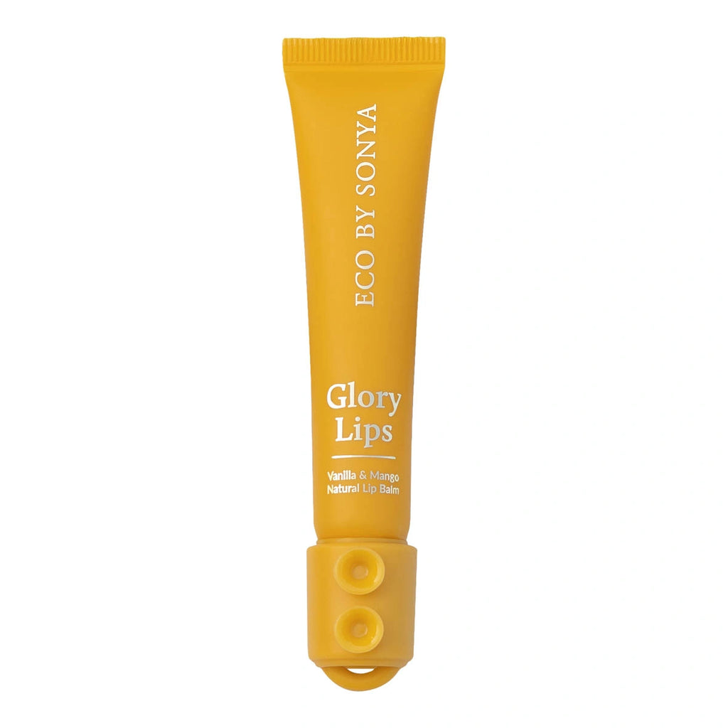 Yellow tube of 'Glory Lips' by Sonya on a white background