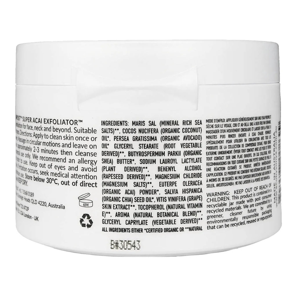 Back of Eco By Sonya Super Acai Exfoliator showing ingredients and other product information.
