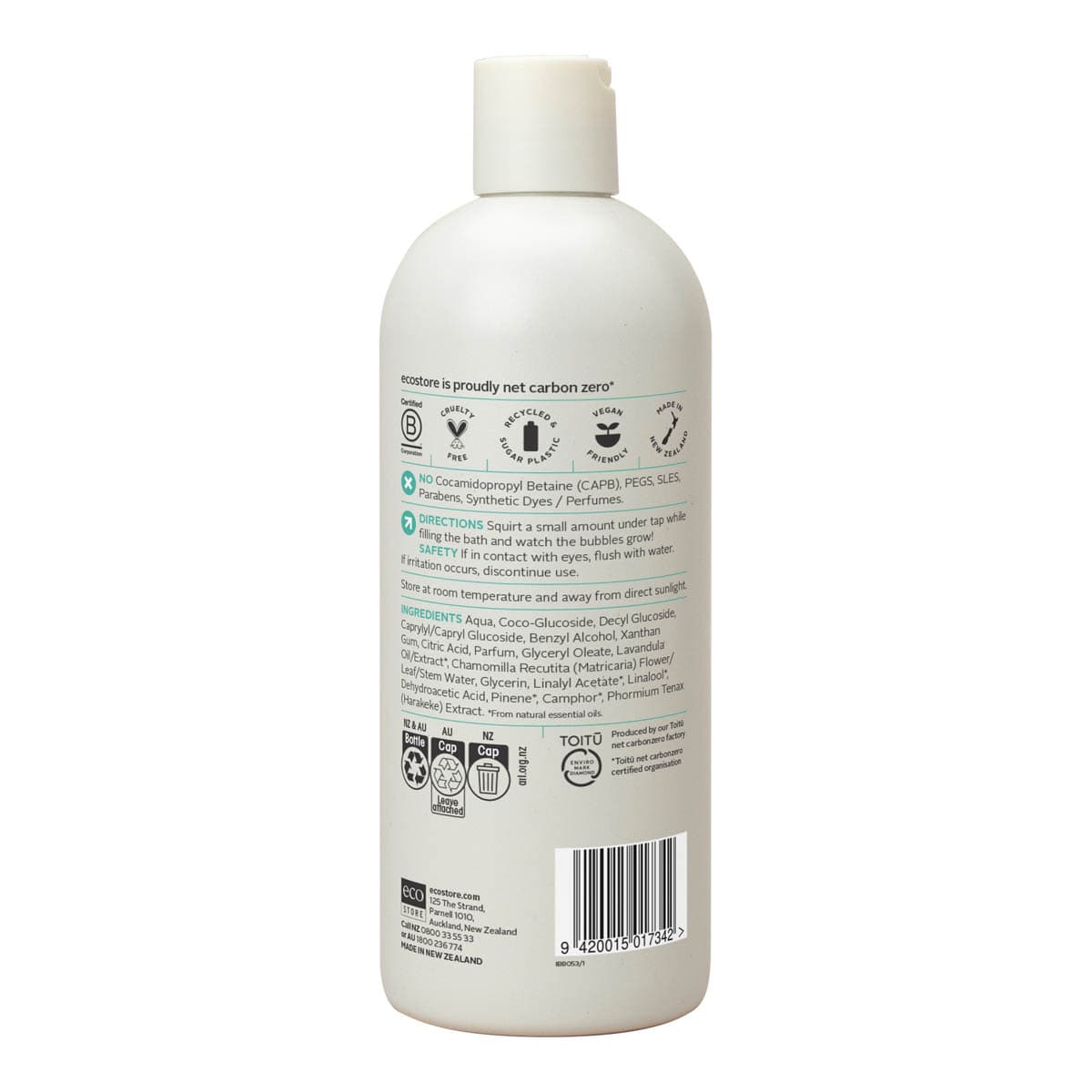 Back of ecostore aby bubble bath in a 535ml bottle showing ingredients & other product information.