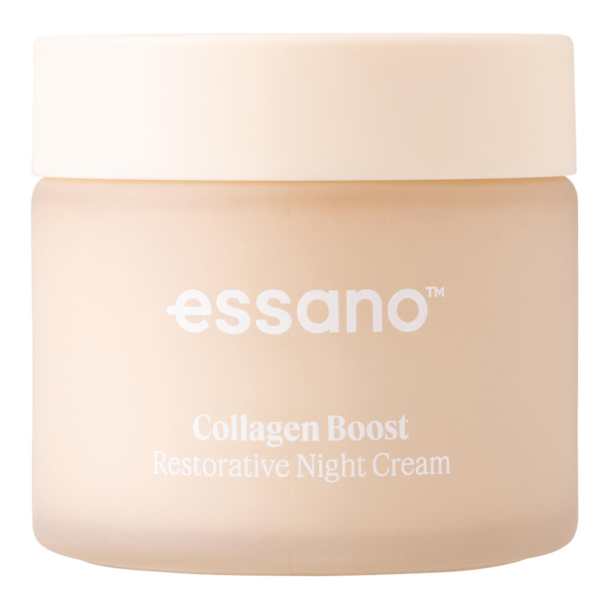 Essano Collagen Boost Restorative Night Cream jar on a white background.