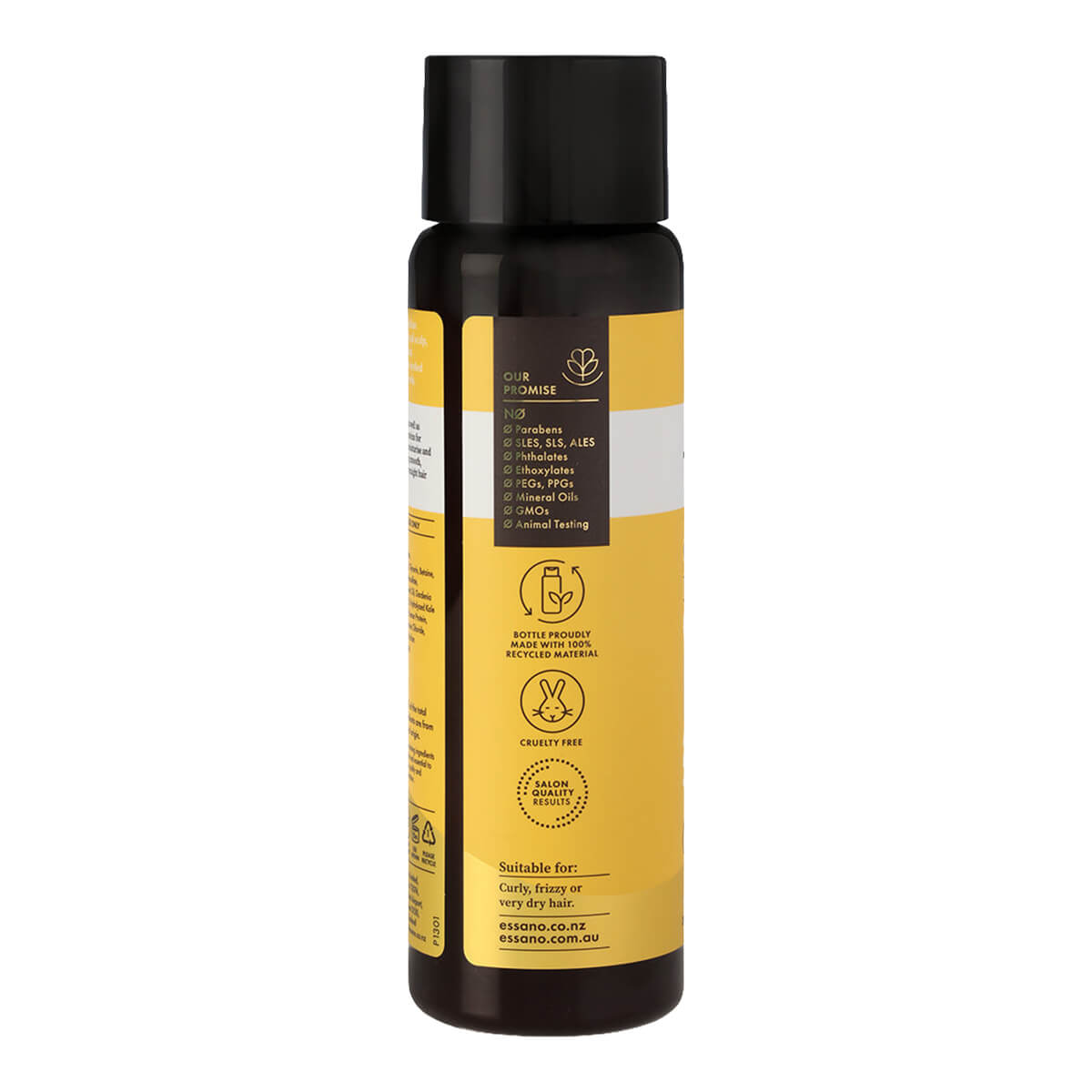 Shampoo bottle with yellow label and black cap on a white background.