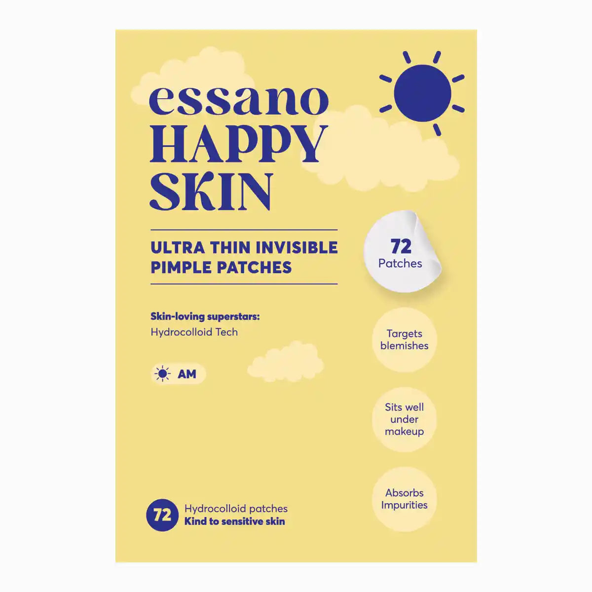 Packaging of essano Happy Skin pimple patches with yellow background