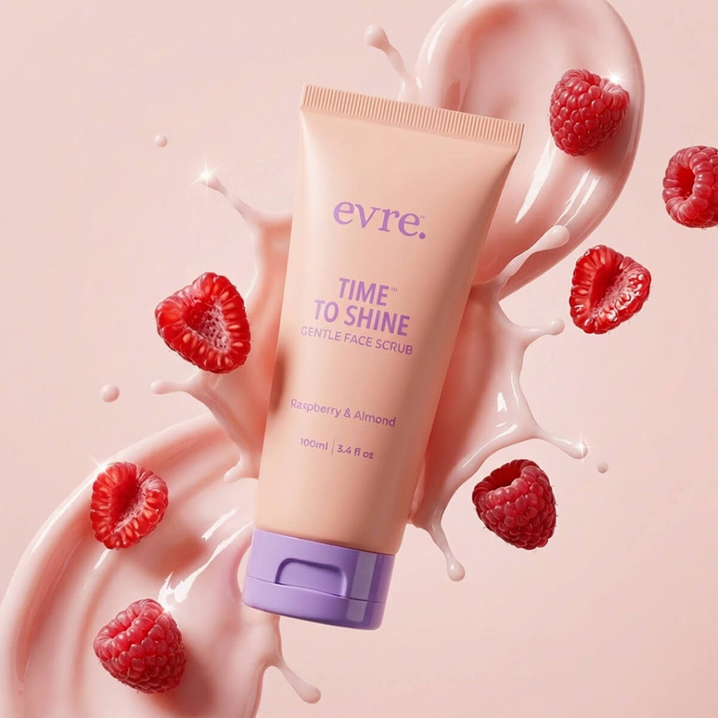 Evre Time to Shine gentle face scrub with raspberries on a pink background