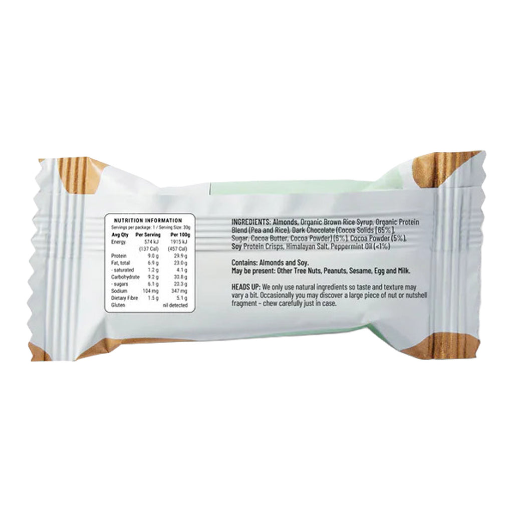 FODBODS mint chocolate protein bar with a nutrition label on a white background. 