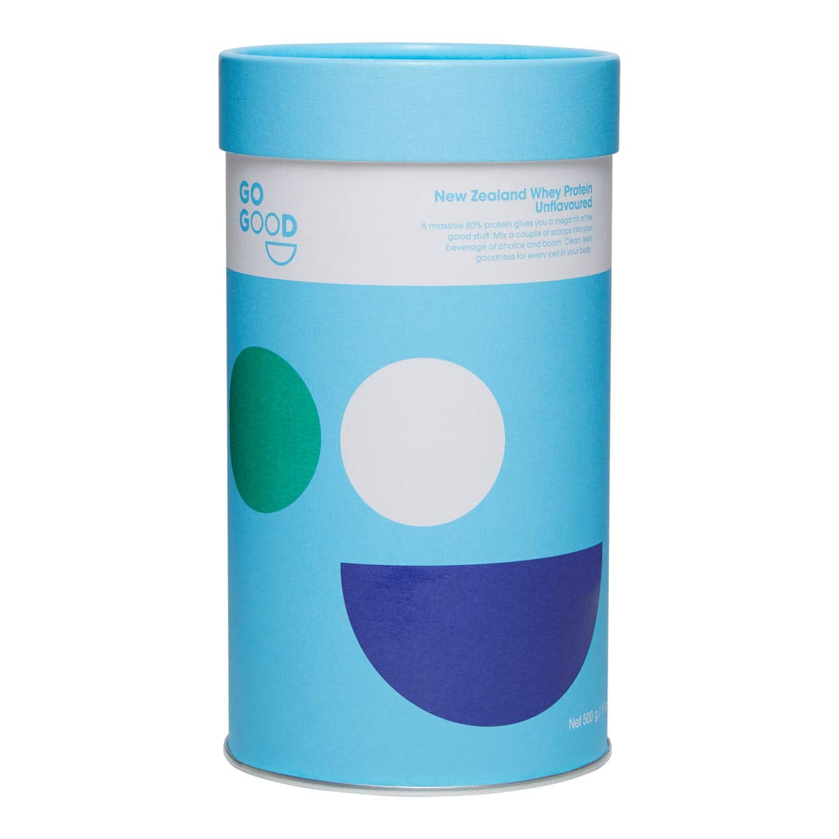 Blue cylindrical container with geometric shapes on a white background.