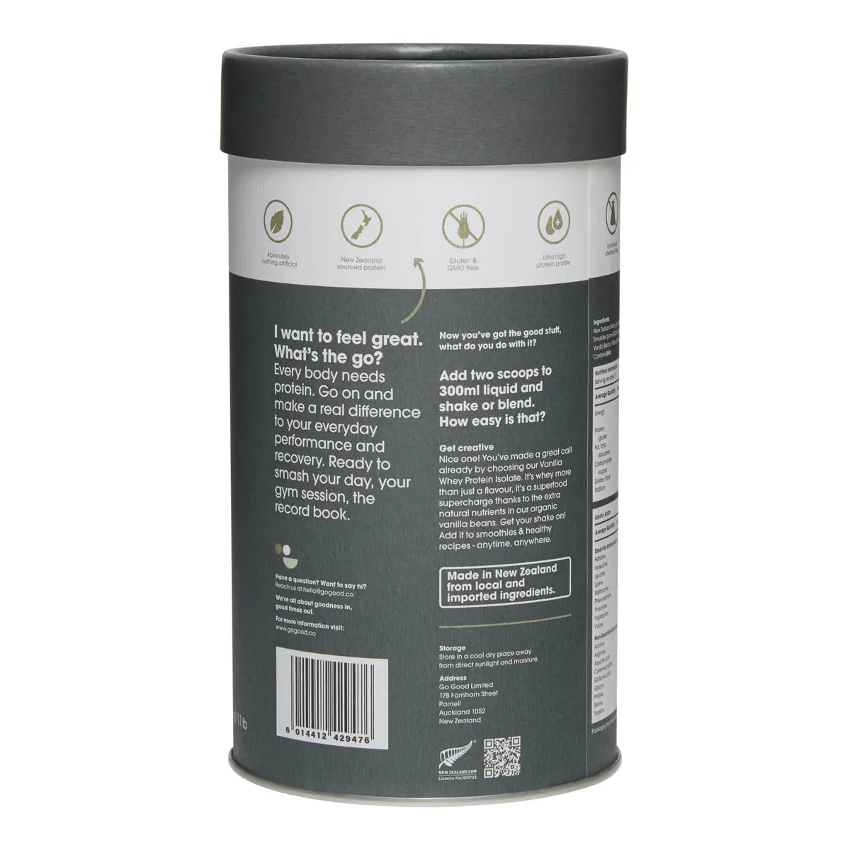 Back of Go Good Whey Protein Isolate Organic Vanilla showing product information and directions for use.