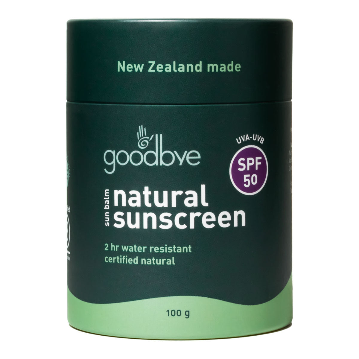 Goodbye Natural Sunscreen jar with SPF 50 on a white background.