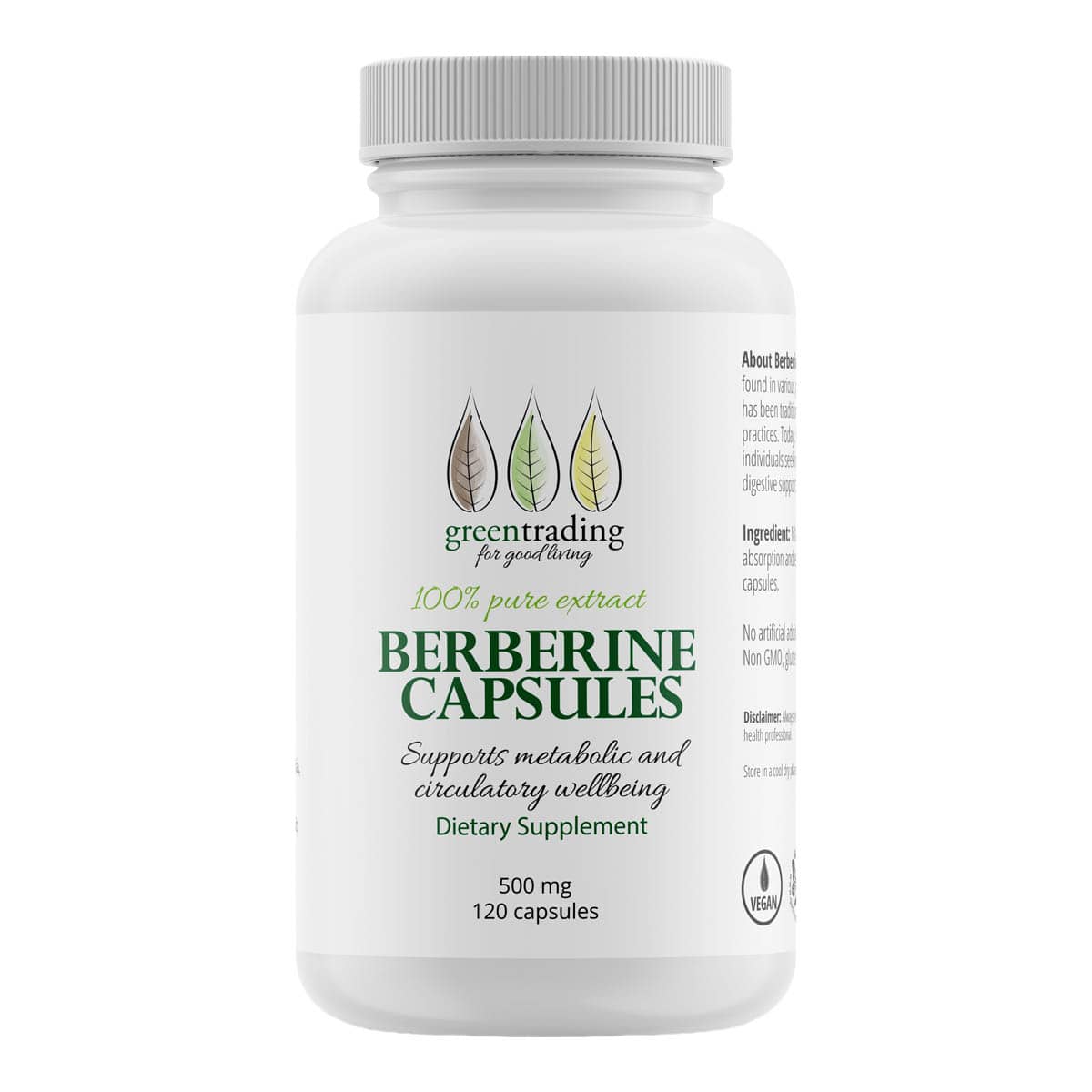 Supplement bottle labeled 'Berberine Capsules' by Greentrading on a white background
