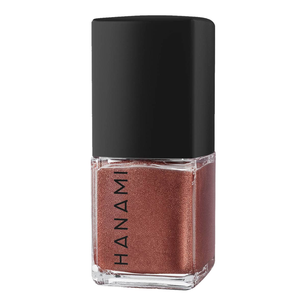 Nail polish bottle with black cap and metallic brown colour on a white background.