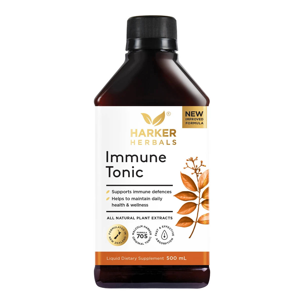 Harker Herbals 500ml Immune Tonic bottle on a white background. Fast & effective absorption.
