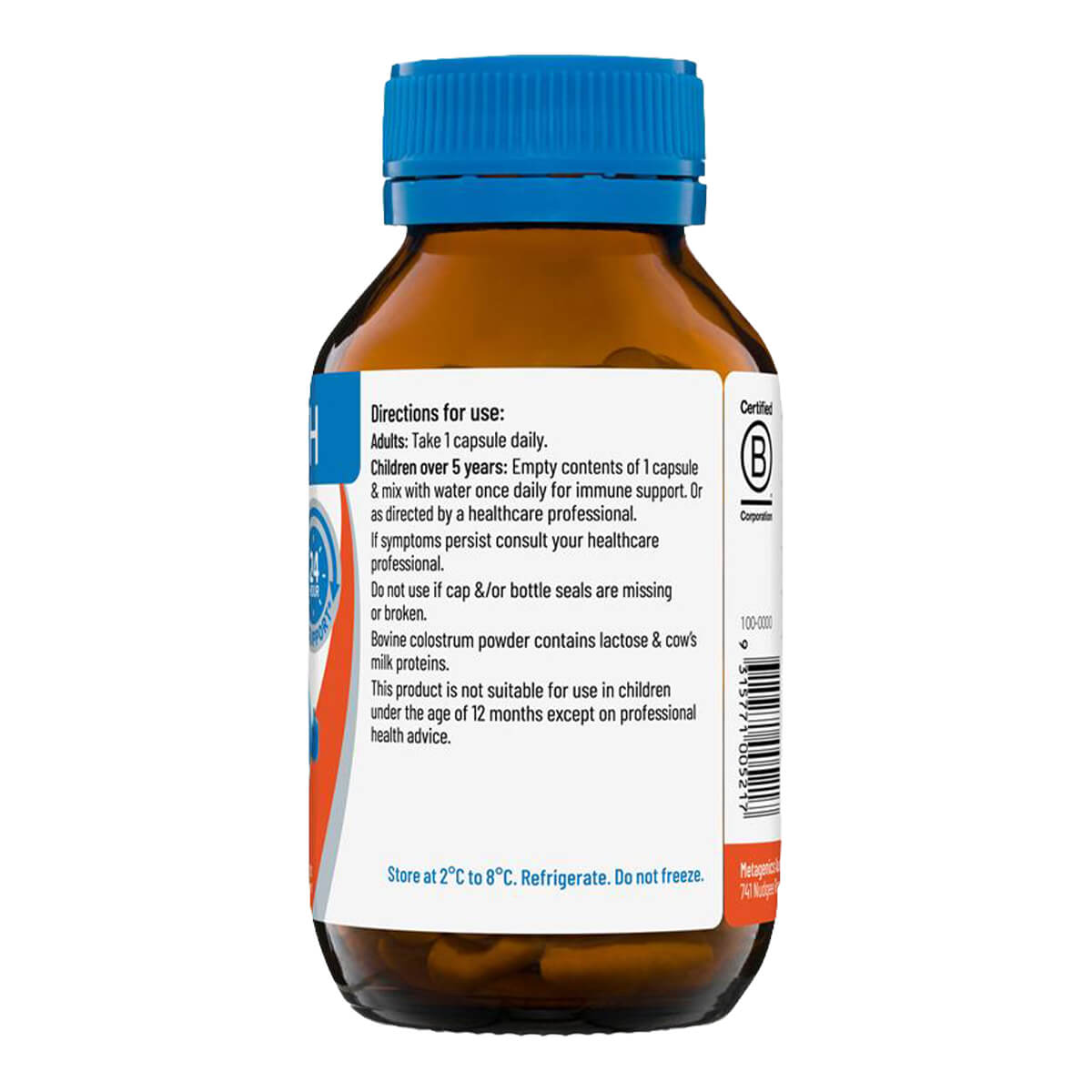 Brown supplement bottle with blue cap and label on a white background