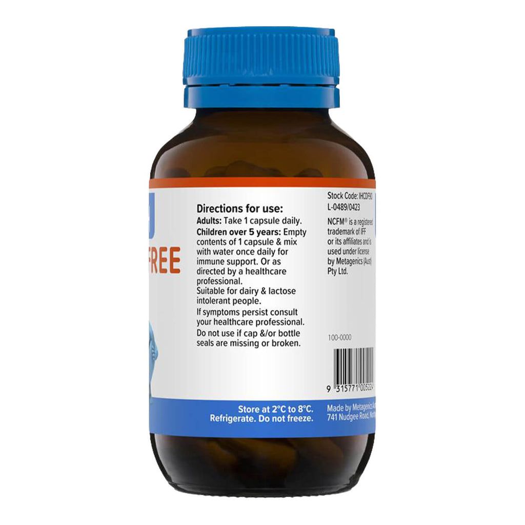 Brown supplement bottle with blue cap and label on a white background