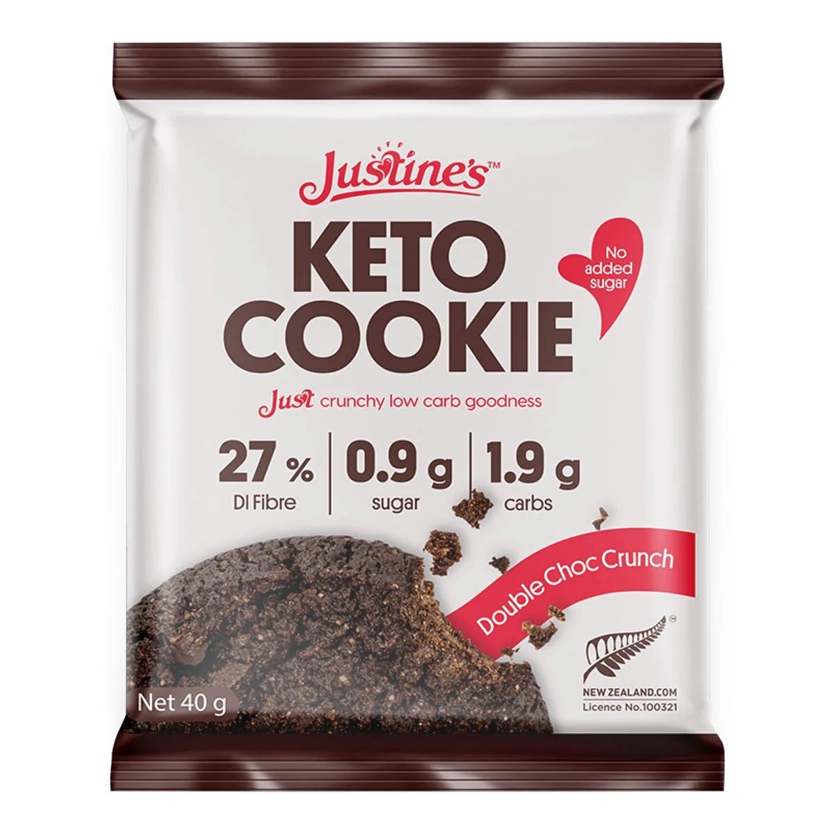 Justine's Keto Cookie package with nutritional information on a white background