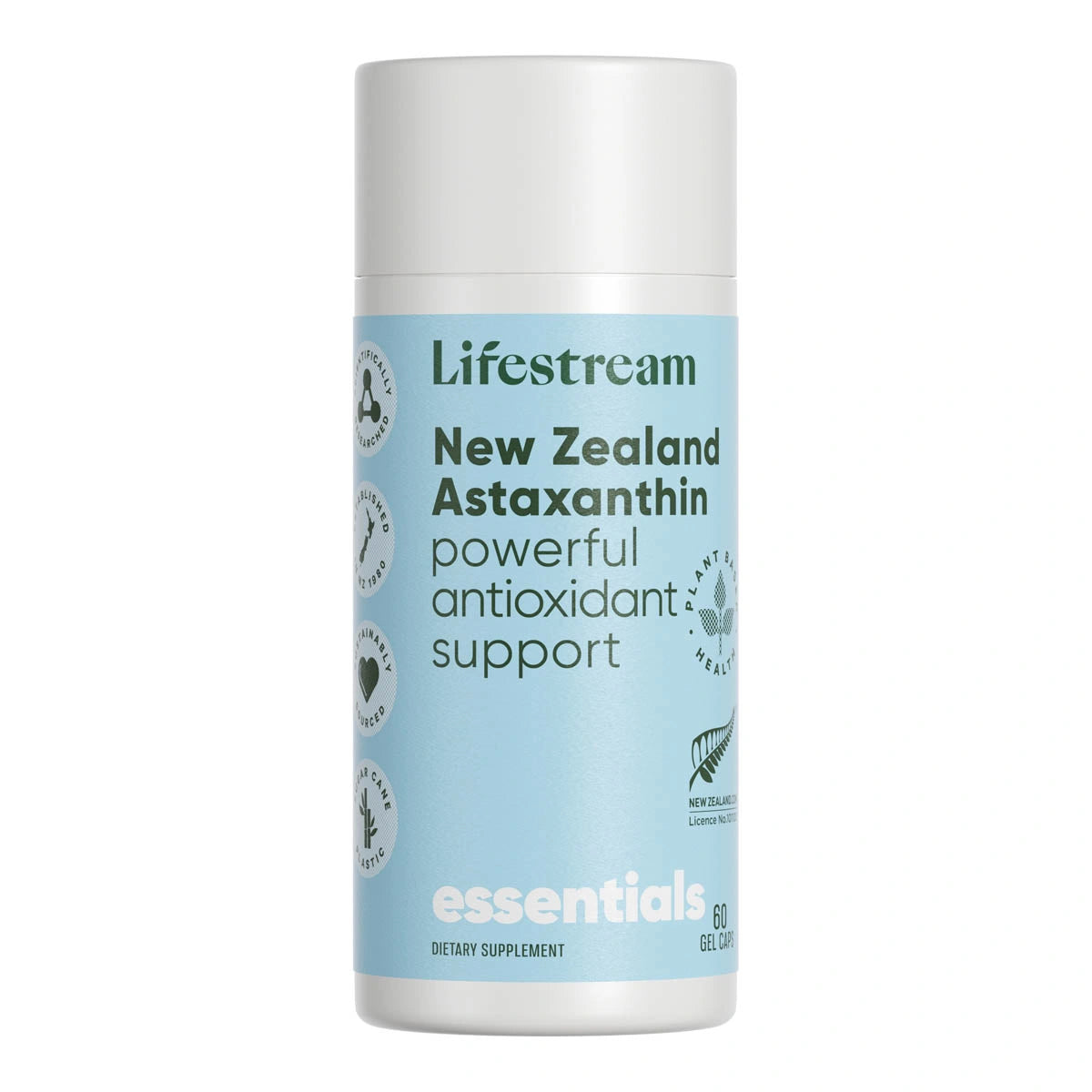 White & blue bottle of Lifestream New Zealand Astaxanthin 60 gel caps.