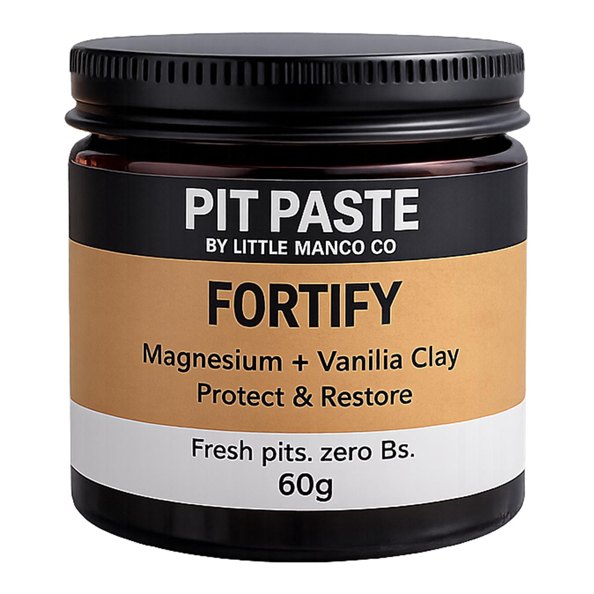Jar of Pit Paste by Little Manco Co with black lid and brown label on a white background. Protect & restore.
