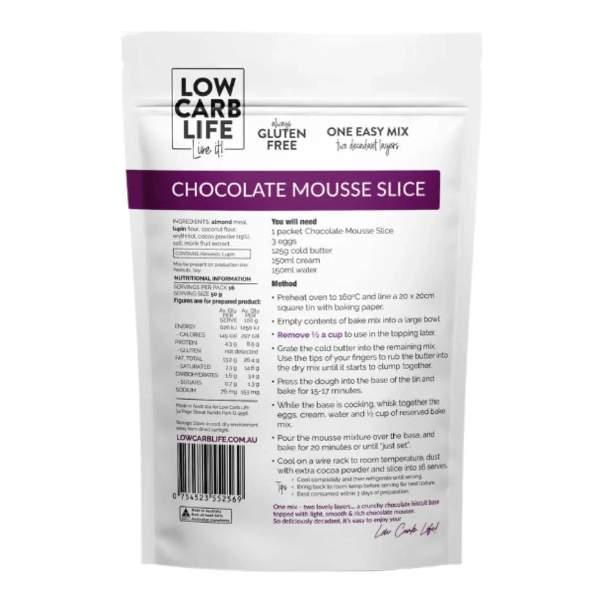 Low Carb Life chocolate mousse slice mix packaging with nutritional information and preparation details.