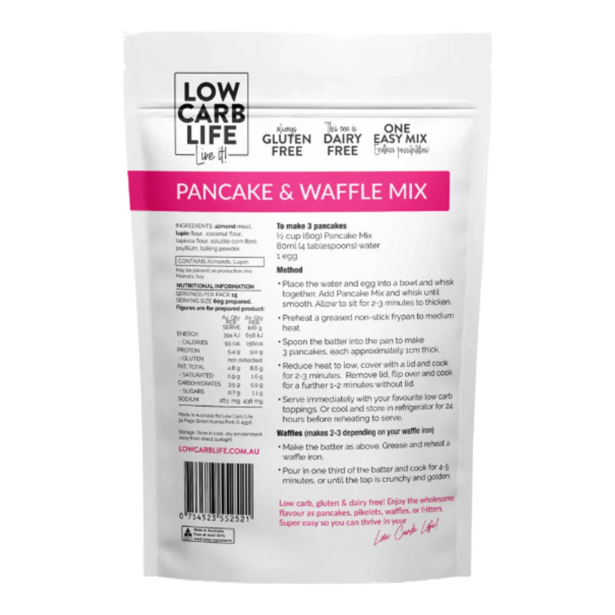 Low Carb Life Pancake & Waffle Mix packaging showing ingredients, nutritional information and directions with white background.