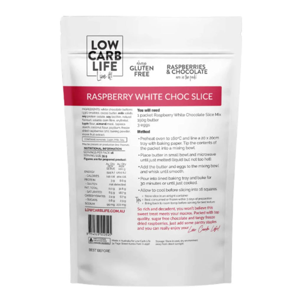 Low Carb Life raspberry white chocolate slice mix packaging with directions and ingredients on a white background