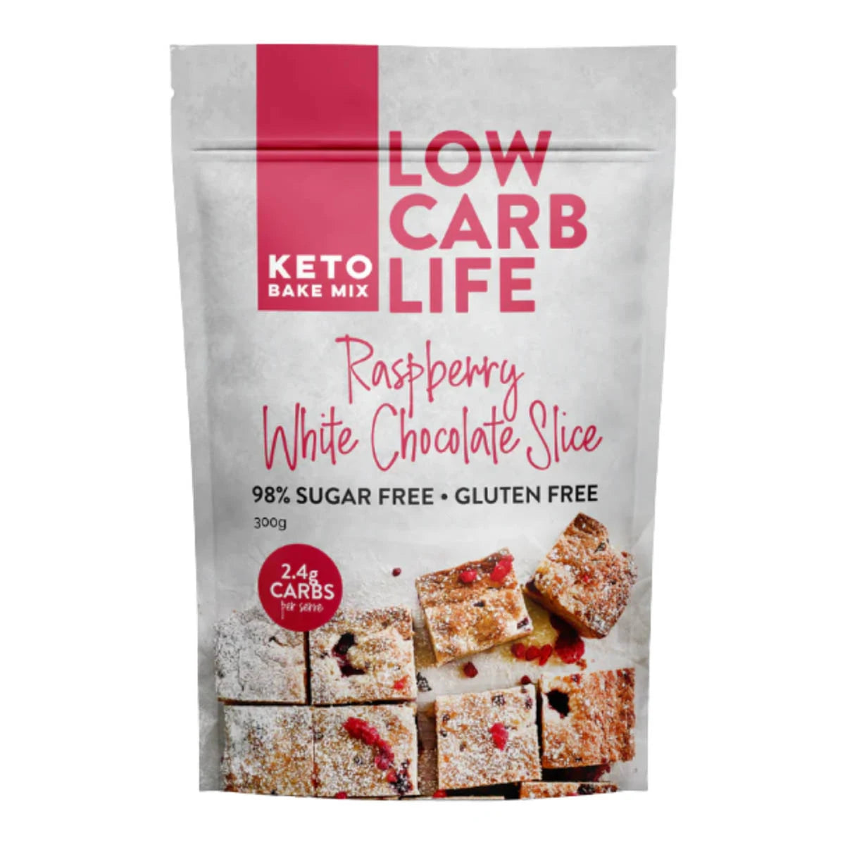 Package of Low Carb Life Keto Bake Mix for Raspberry White Chocolate Slice on a white background