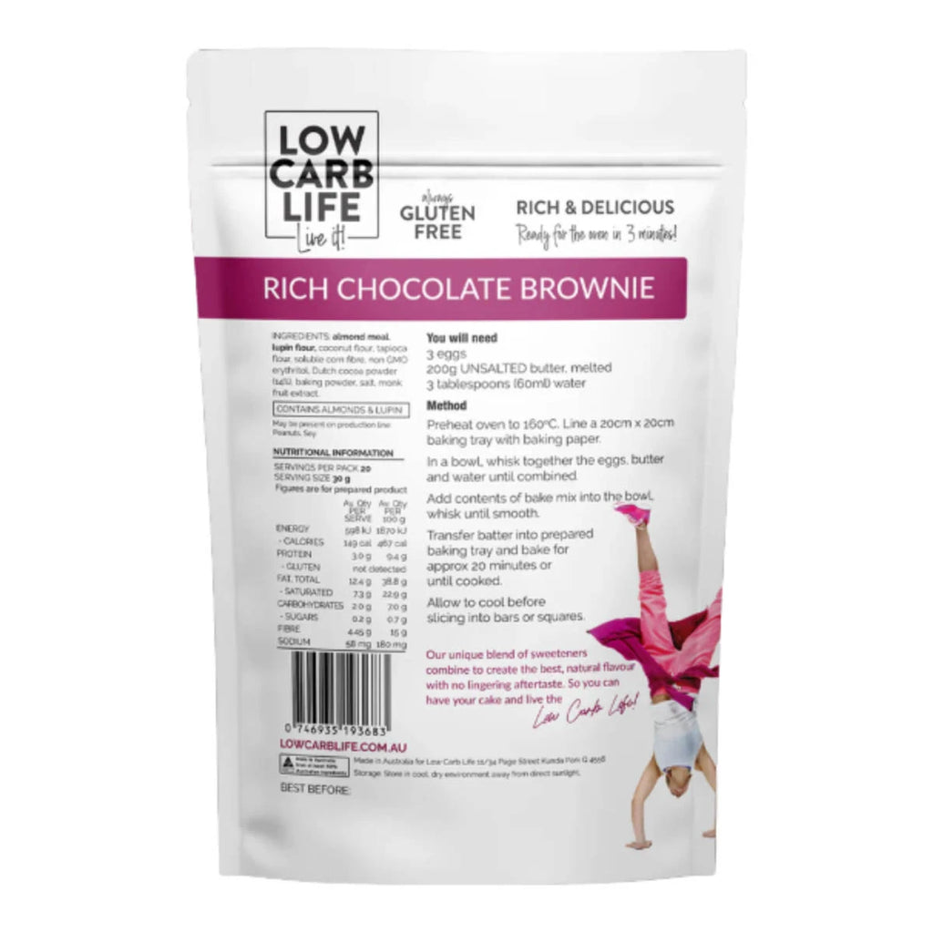 Back of Low Carb Life Keto Bake Mix for Rich Chocolate Brownies showing ingredients, nutritional information and directions on a white background.