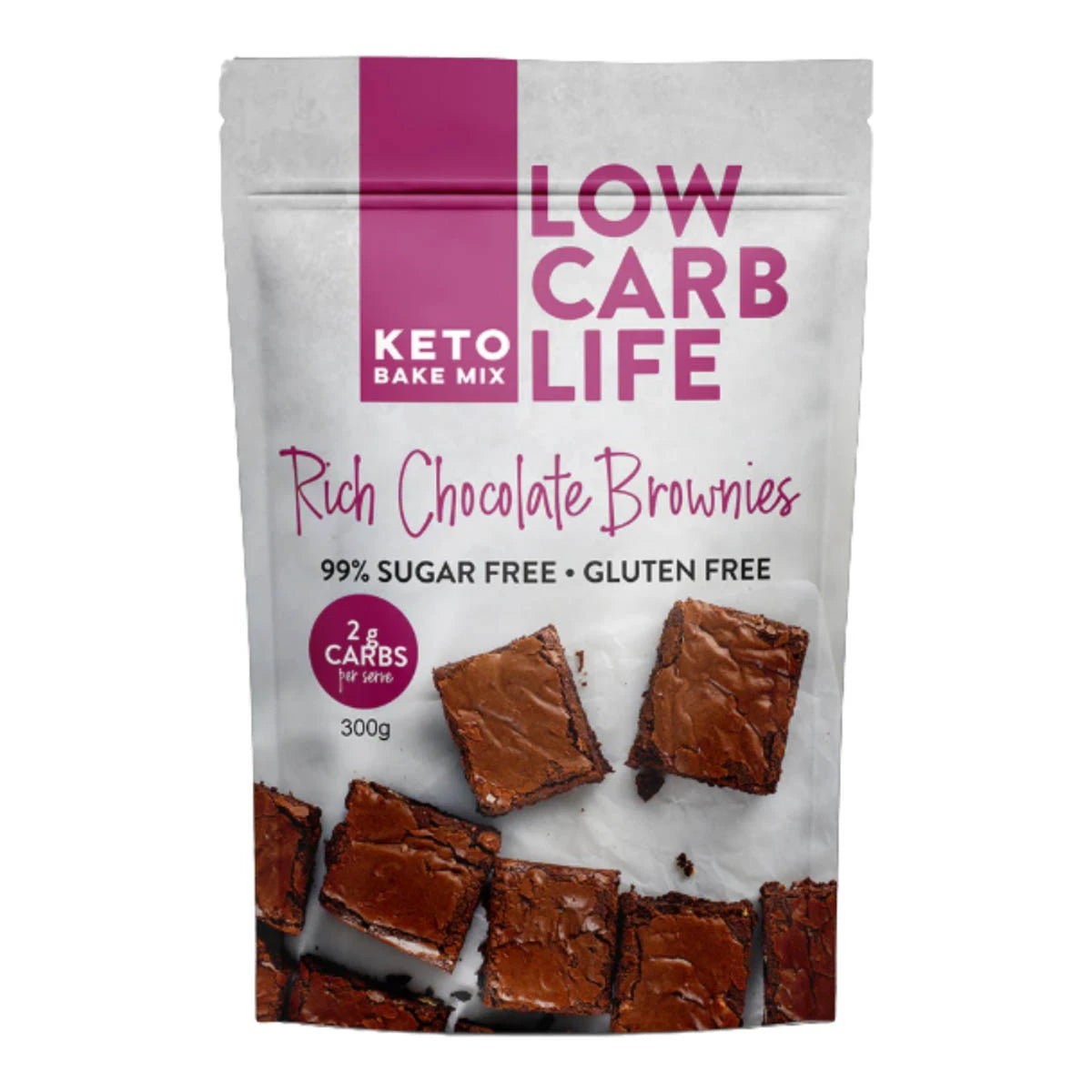 Package of Low Carb Life Keto Bake Mix for Rich Chocolate Brownies on a white background