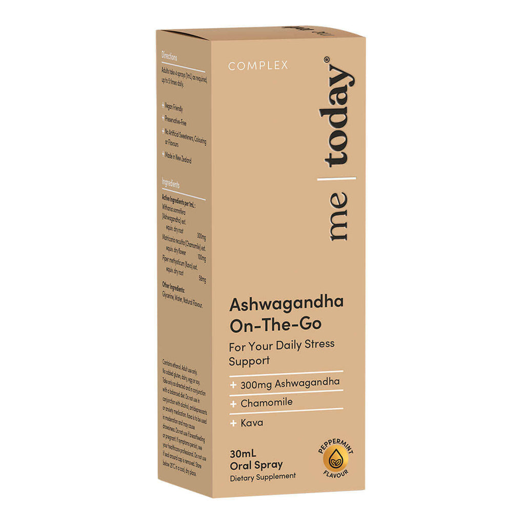 Box of 'me today' Ashwagandha On-The-Go supplement on a white background.