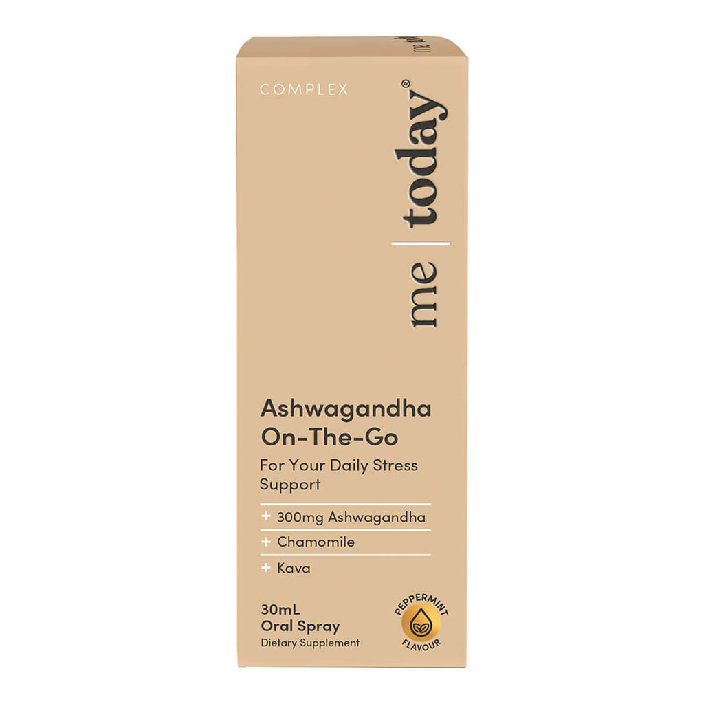 Box of 'me today' Ashwagandha On-The-Go dietary supplement on a white background.